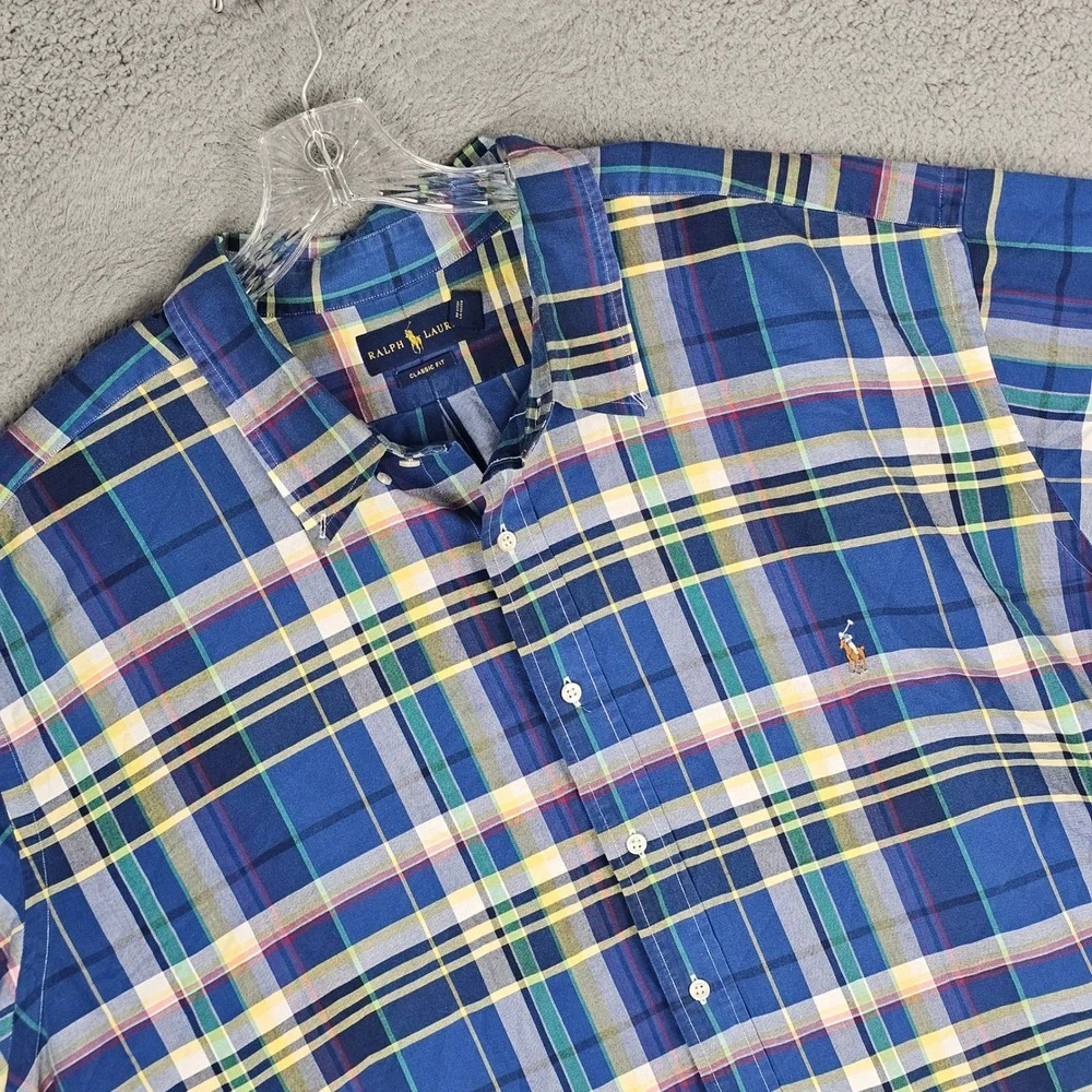 Ralph Lauren Button Down Mens 4XB Blue Plaid Classic Fit Short Sleeve Shirt